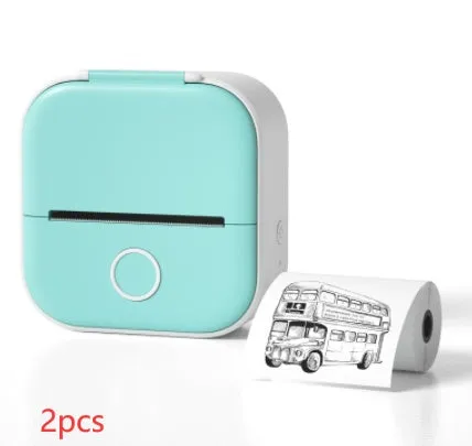 Phomemo T02 mini thermal label printer in white, showing front view with roll of sticky paper