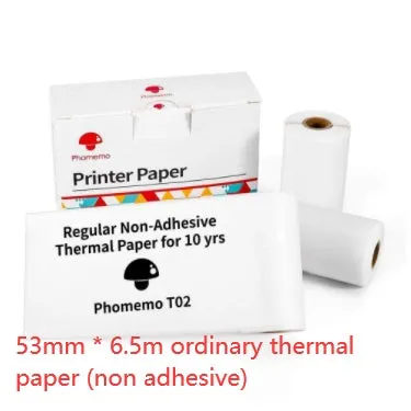 Phomemo T02 mini thermal label printer in white, showing front view with roll of sticky paper