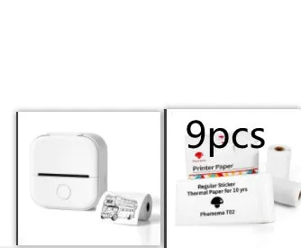 Phomemo T02 mini thermal label printer in white, showing front view with roll of sticky paper