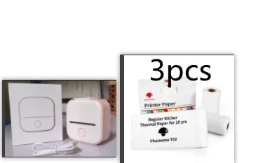 Phomemo T02 mini thermal label printer in white, showing front view with roll of sticky paper