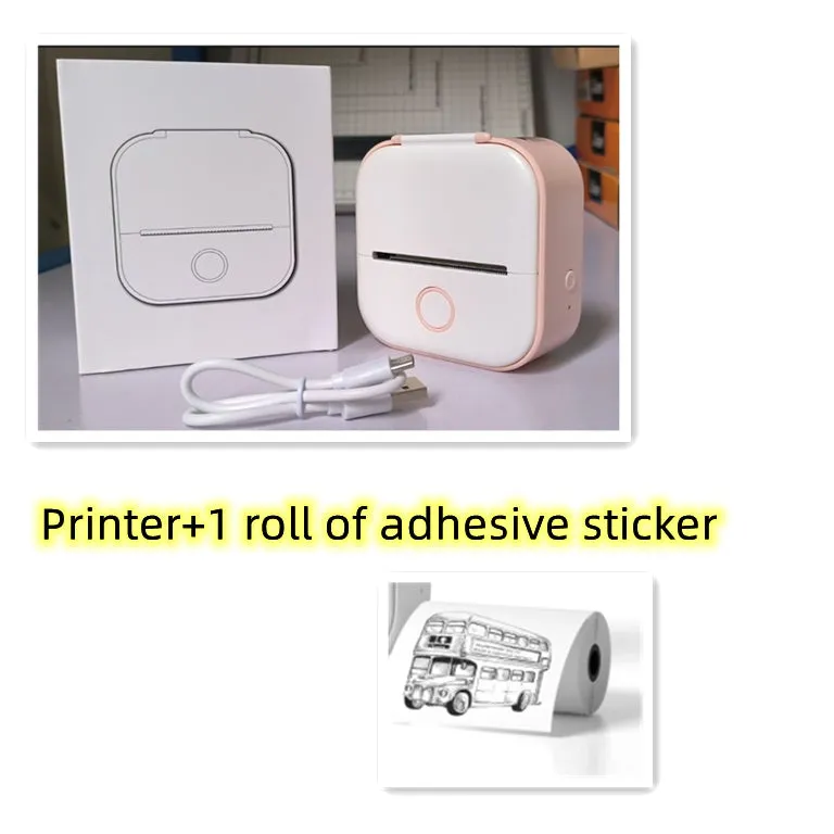 Phomemo T02 mini thermal label printer in white, showing front view with roll of sticky paper
