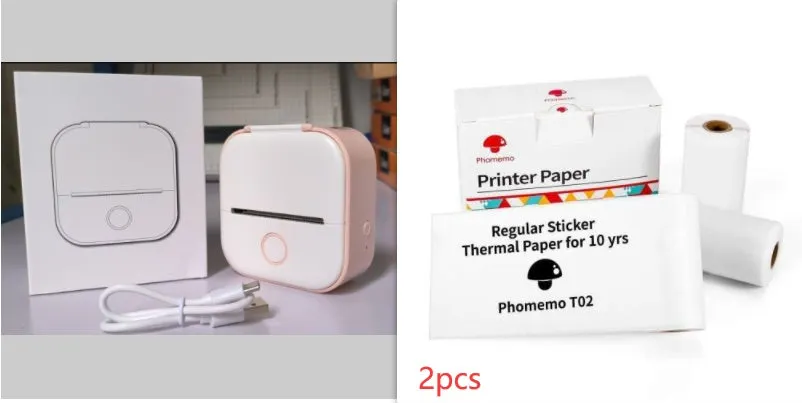 Phomemo T02 mini thermal label printer in white, showing front view with roll of sticky paper