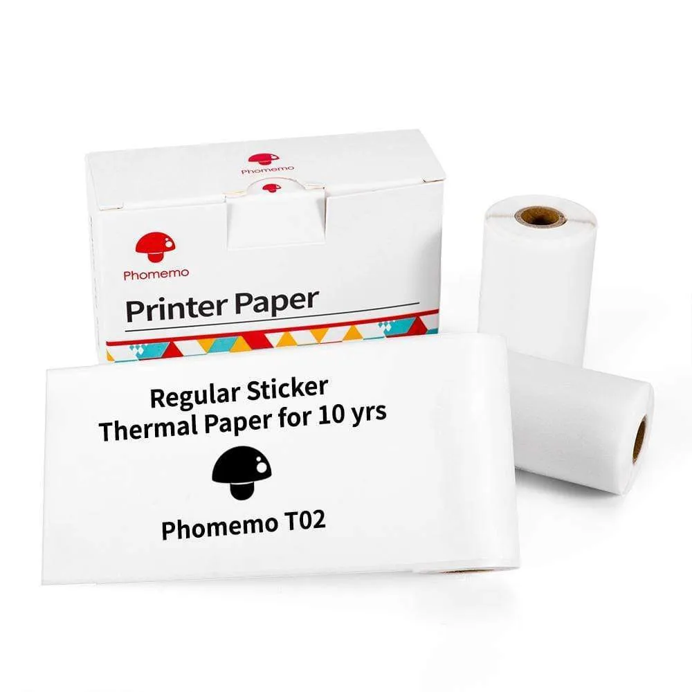 Phomemo T02 mini thermal label printer in white, showing front view with roll of sticky paper
