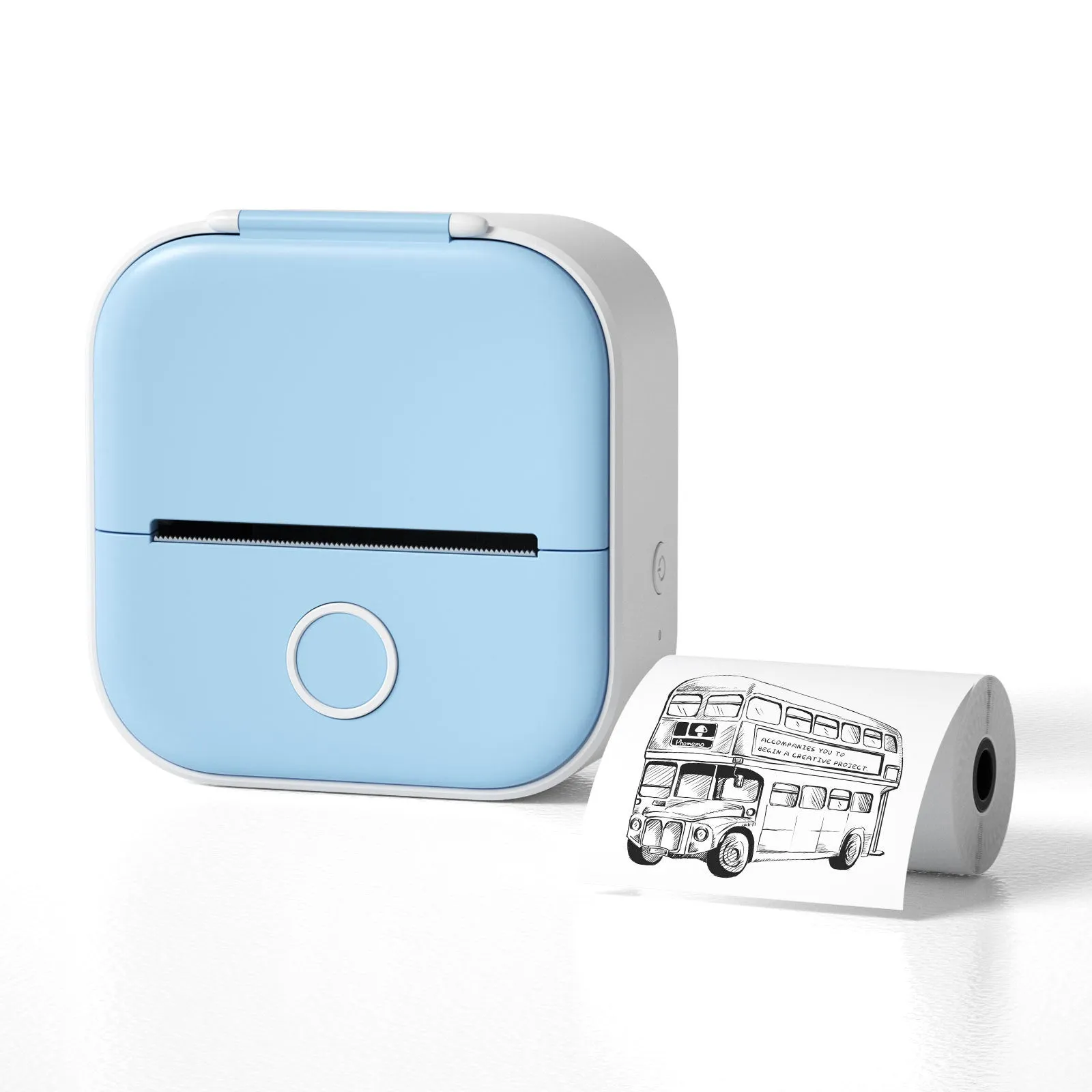 Phomemo T02 mini thermal label printer in white, showing front view with roll of sticky paper