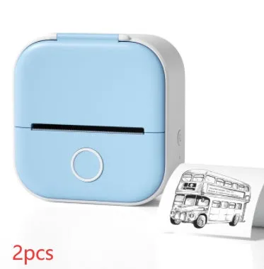 Phomemo T02 mini thermal label printer in white, showing front view with roll of sticky paper