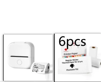 Phomemo T02 mini thermal label printer in white, showing front view with roll of sticky paper