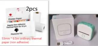 Phomemo T02 mini thermal label printer in white, showing front view with roll of sticky paper