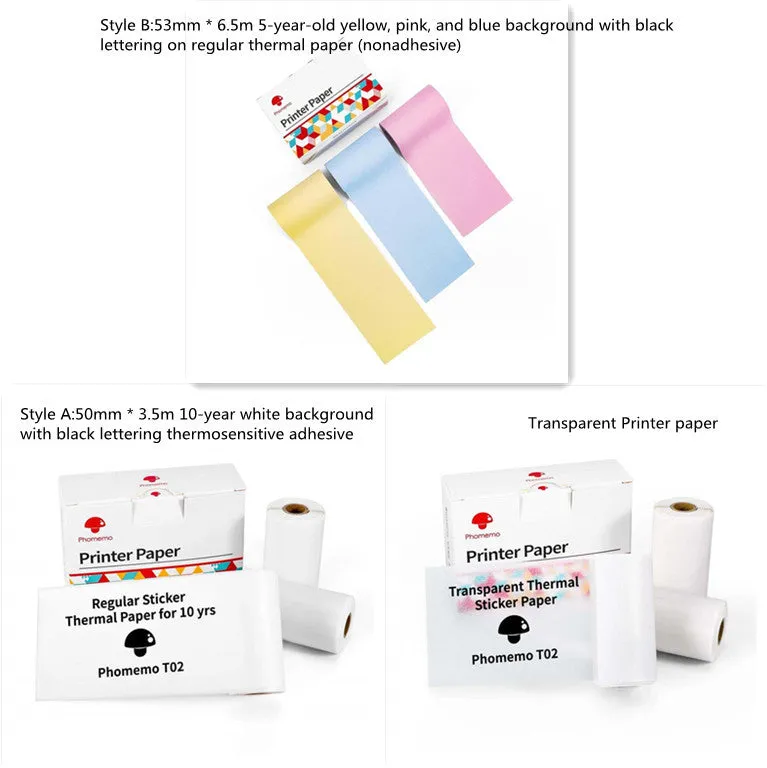 Phomemo T02 mini thermal label printer in white, showing front view with roll of sticky paper