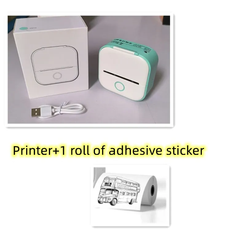 Phomemo T02 mini thermal label printer in white, showing front view with roll of sticky paper