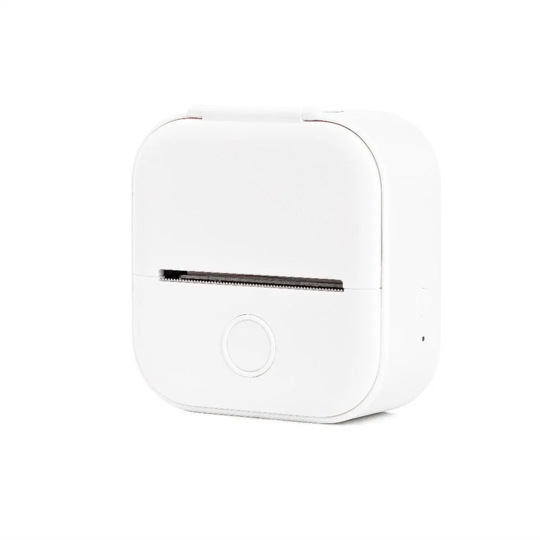 Phomemo T02 mini thermal label printer in white, showing front view with roll of sticky paper