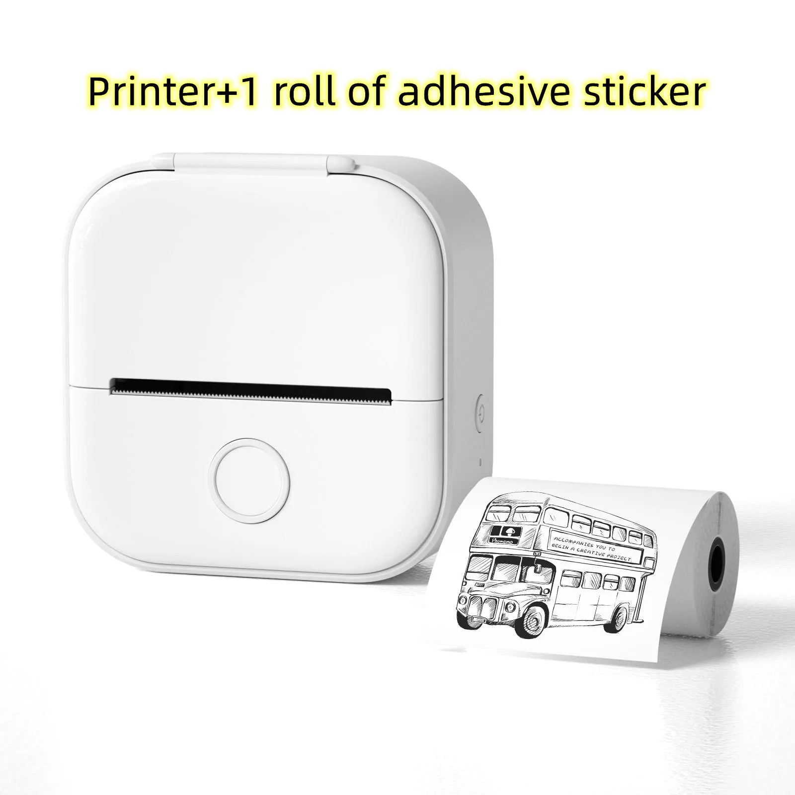 Phomemo T02 mini thermal label printer in white, showing front view with roll of sticky paper