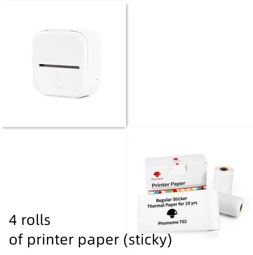 Phomemo T02 mini thermal label printer in white, showing front view with roll of sticky paper