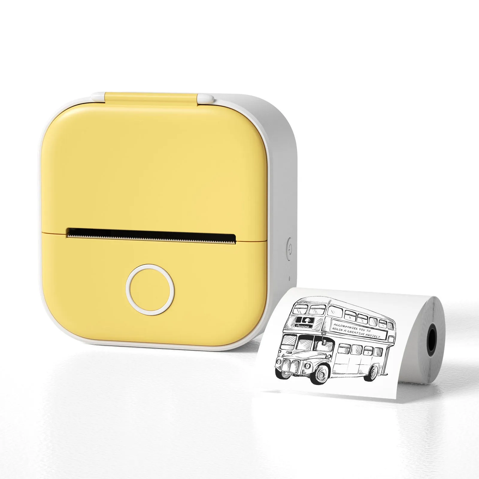 Phomemo T02 mini thermal label printer in white, showing front view with roll of sticky paper