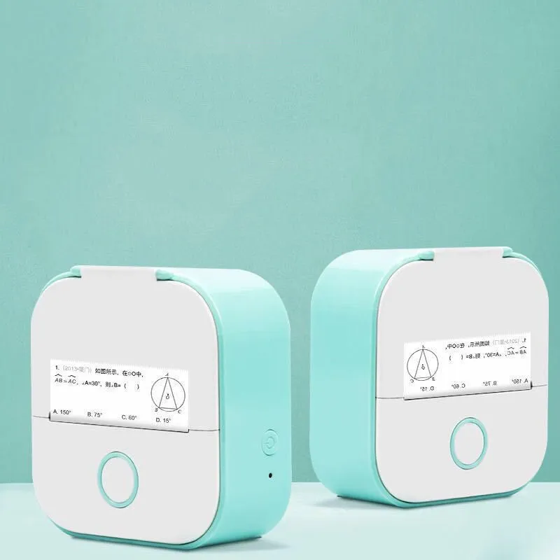 Phomemo T02 mini thermal label printer in white, showing front view with roll of sticky paper