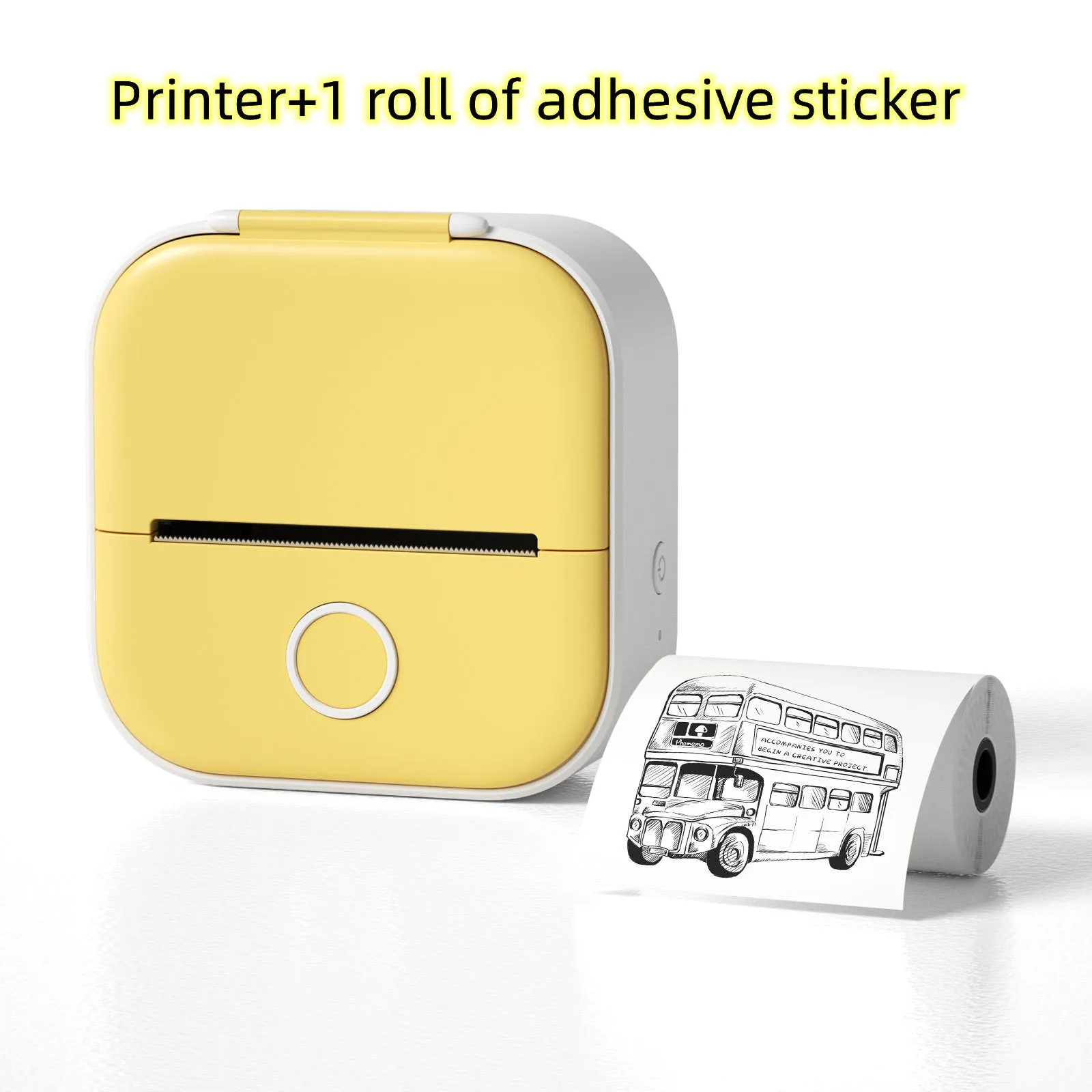 Phomemo T02 mini thermal label printer in white, showing front view with roll of sticky paper