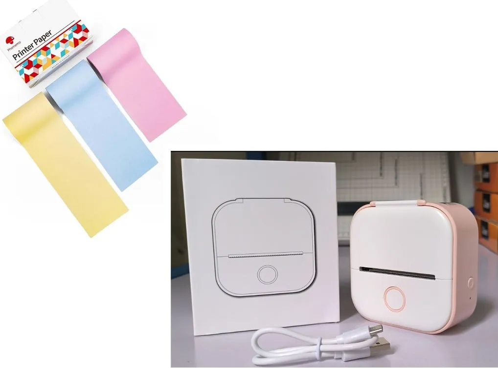 Phomemo T02 mini thermal label printer in white, showing front view with roll of sticky paper