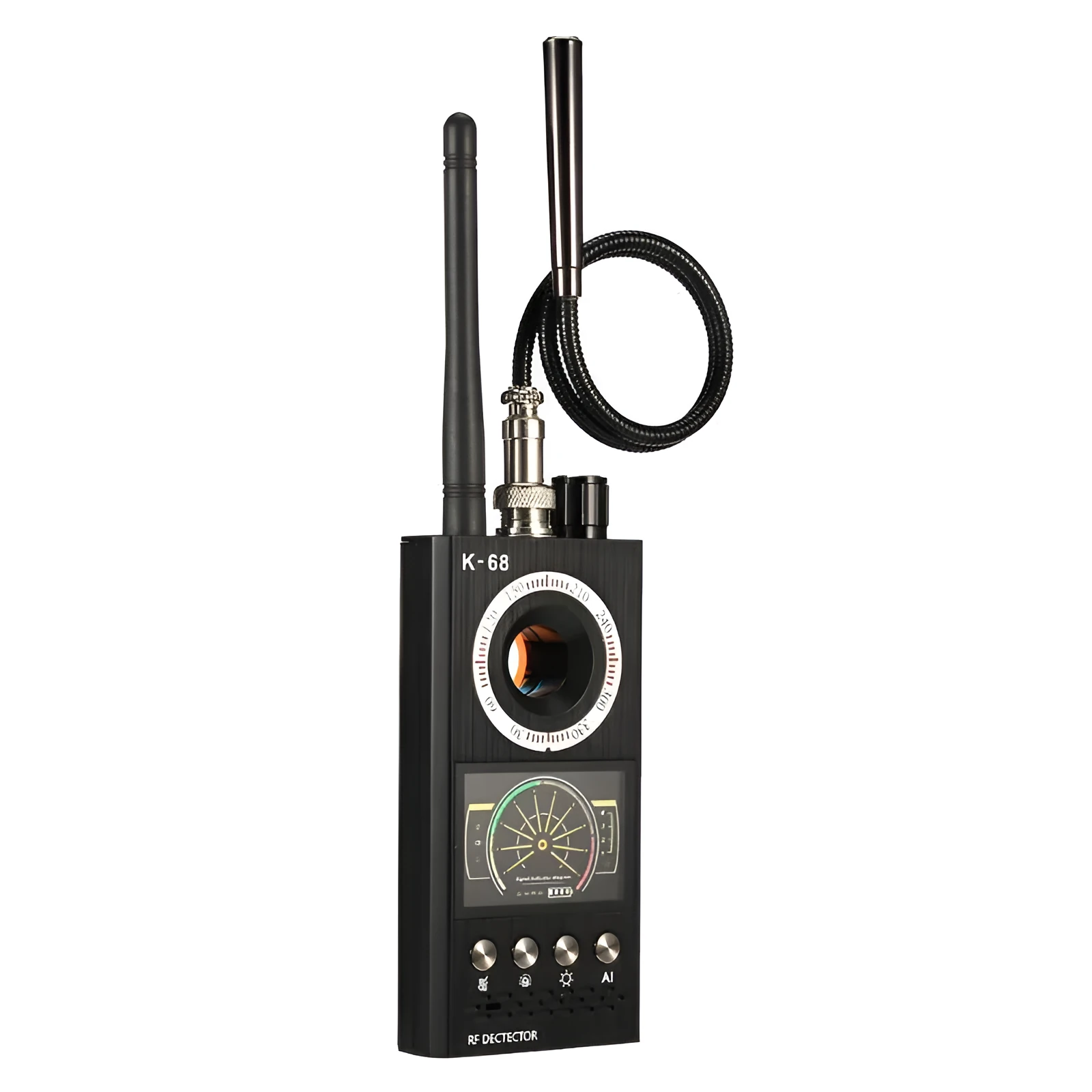 K68 black anti-sneak camera signal detector with sound alarm, 1-8000 MHz, 140x62x30 mm