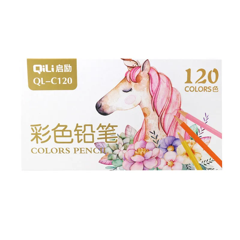 120 coloured pencils in a rosewood shell, showing a range of colours from red to purple