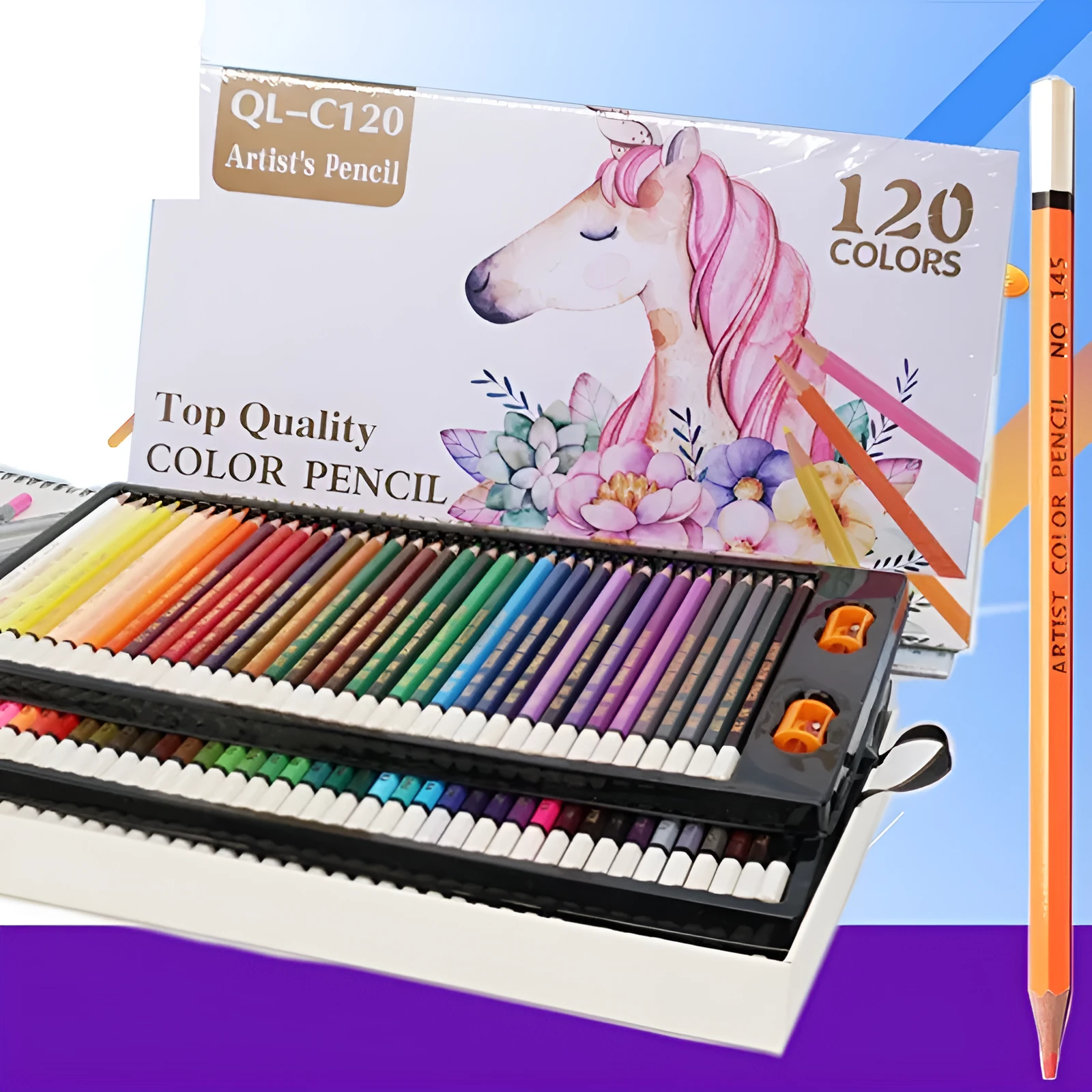 120 coloured pencils in a rosewood shell, showing a range of colours from red to purple