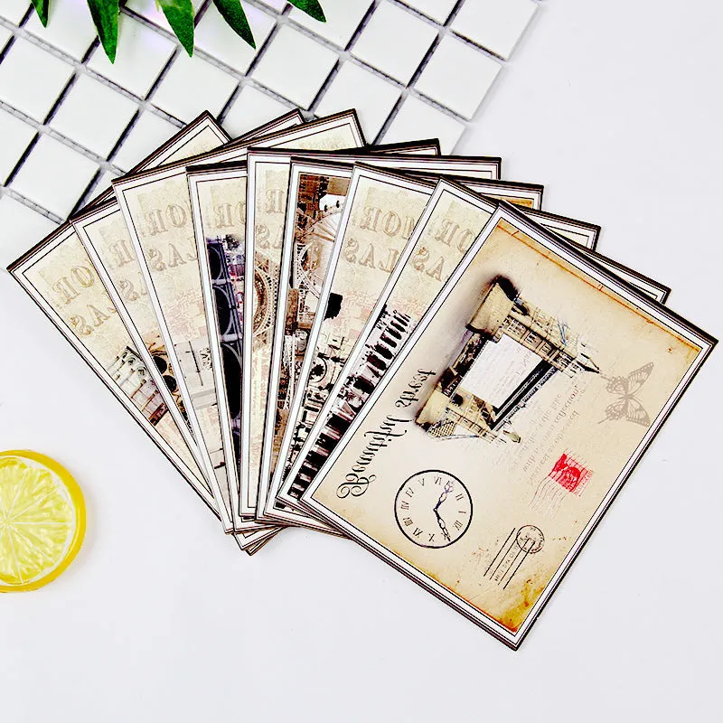 Nine Japanese-style cartoon minimalist postcards showing retro Paris tower and historic site illustrations