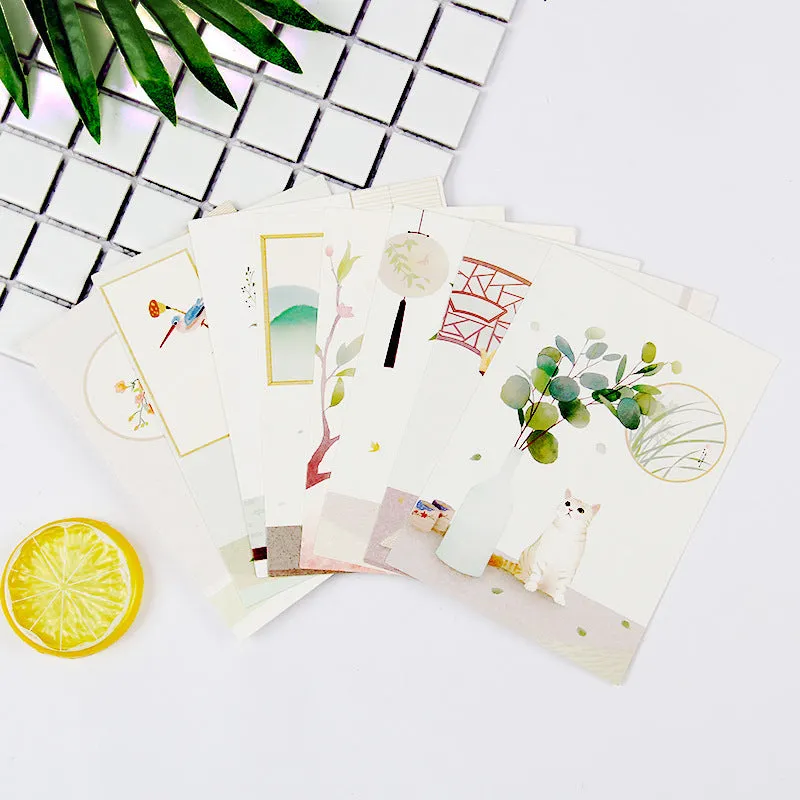 Nine Japanese-style cartoon minimalist postcards showing retro Paris tower and historic site illustrations