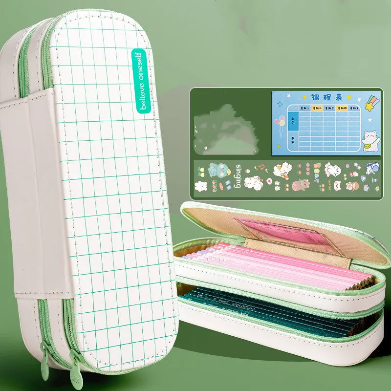 Creative multifunctional pencil case stationery box in light blue with class schedule and DIY stickers