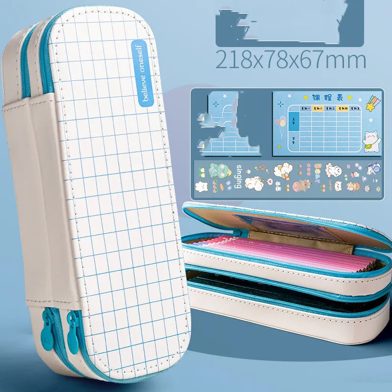 Creative multifunctional pencil case stationery box in light blue with class schedule and DIY stickers