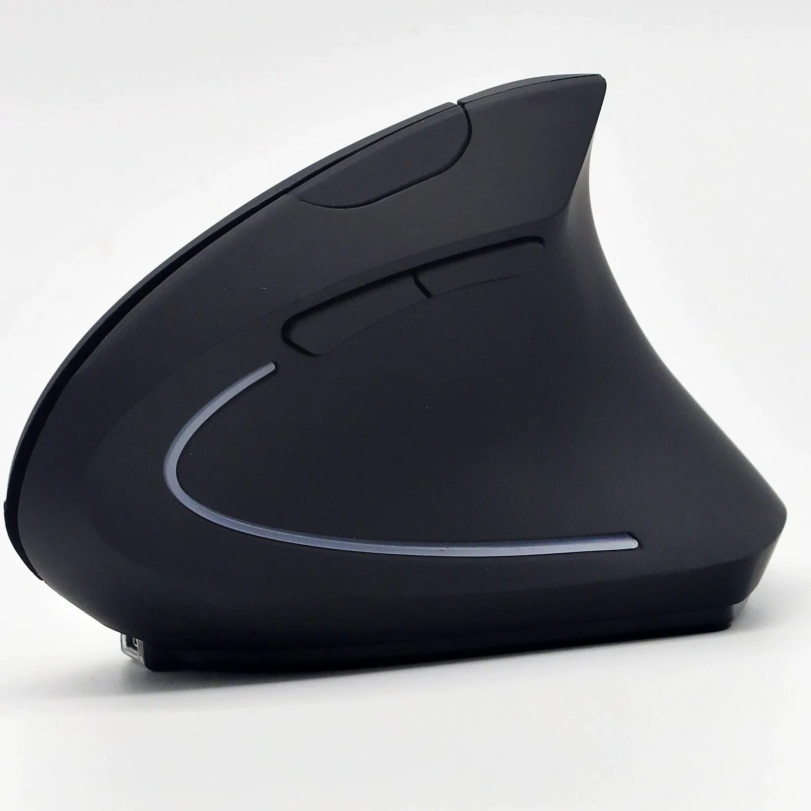 Ergonomic vertical wireless mouse in black with six buttons and four-way scroll wheel on a desk