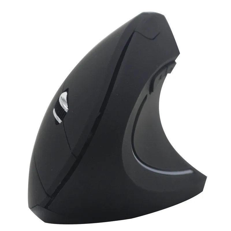 Ergonomic vertical wireless mouse in black with six buttons and four-way scroll wheel on a desk