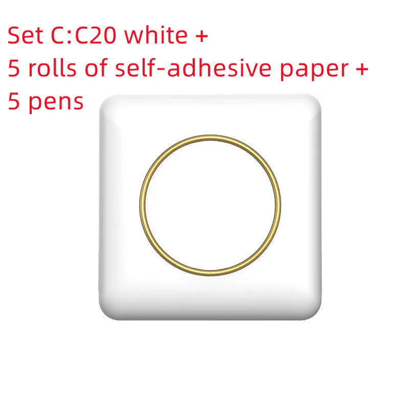 Mini label thermal printer C20 white model with Bluetooth and USB port on a desk