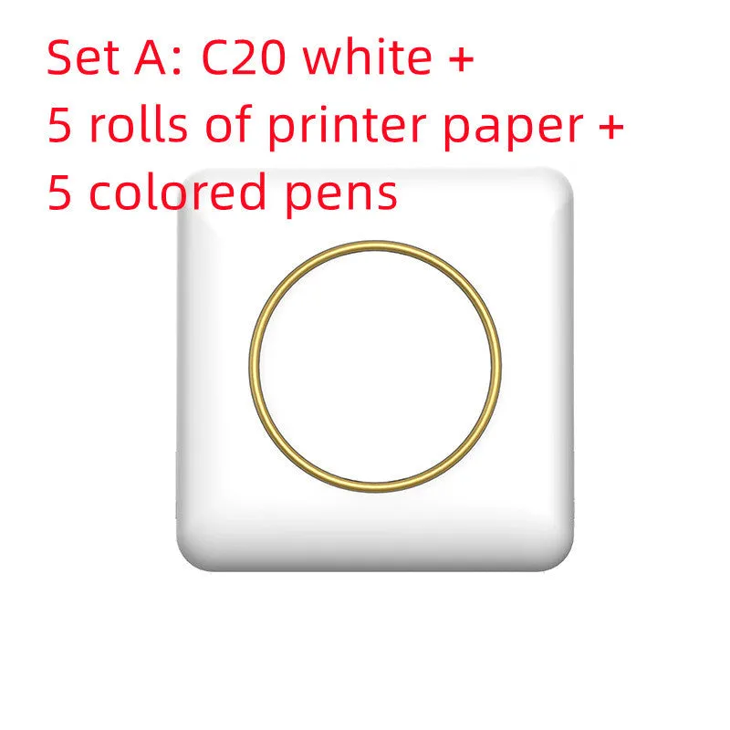 Mini label thermal printer C20 white model with Bluetooth and USB port on a desk