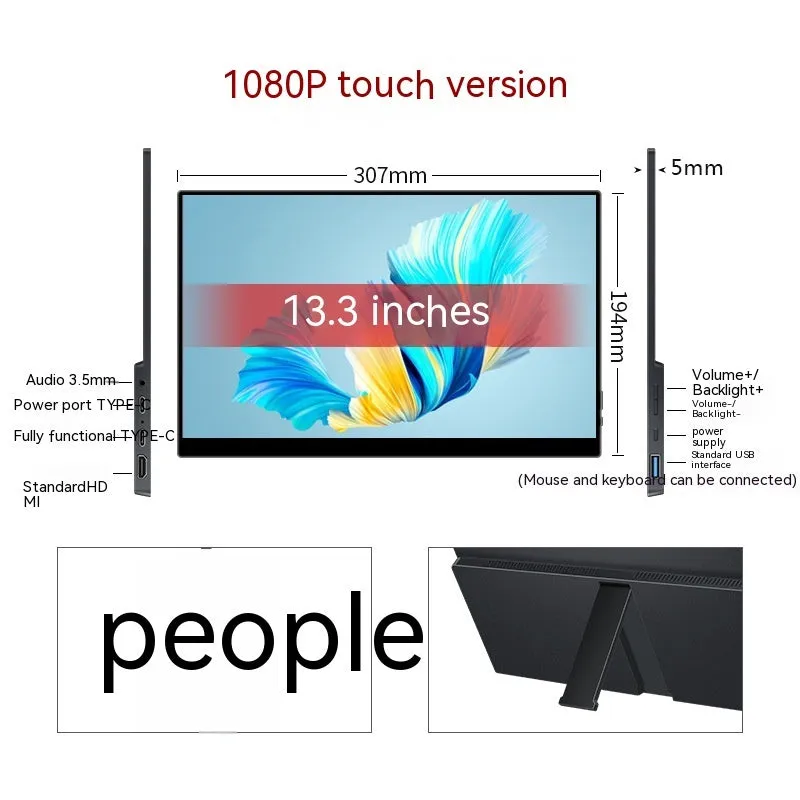 Touch portable monitor 13.3 inch IPS LED backlit 1080p screen for mobile phone and computer
