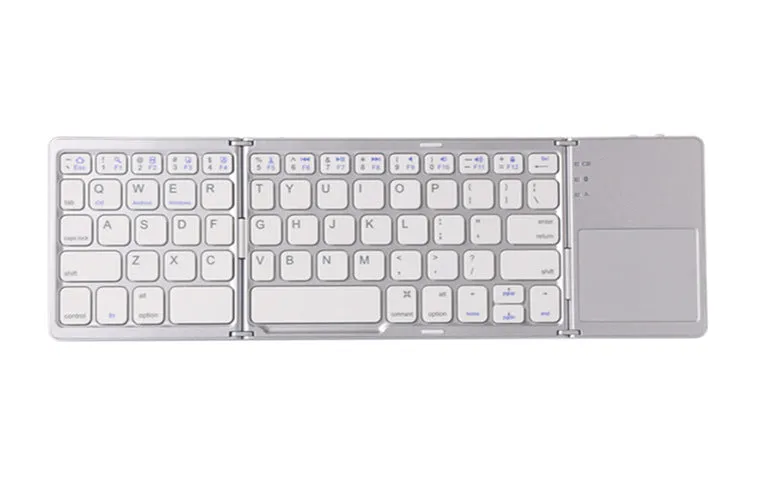 Ultra-thin tri-fold folding touch Bluetooth keyboard in black with touchpad, folded and spread views