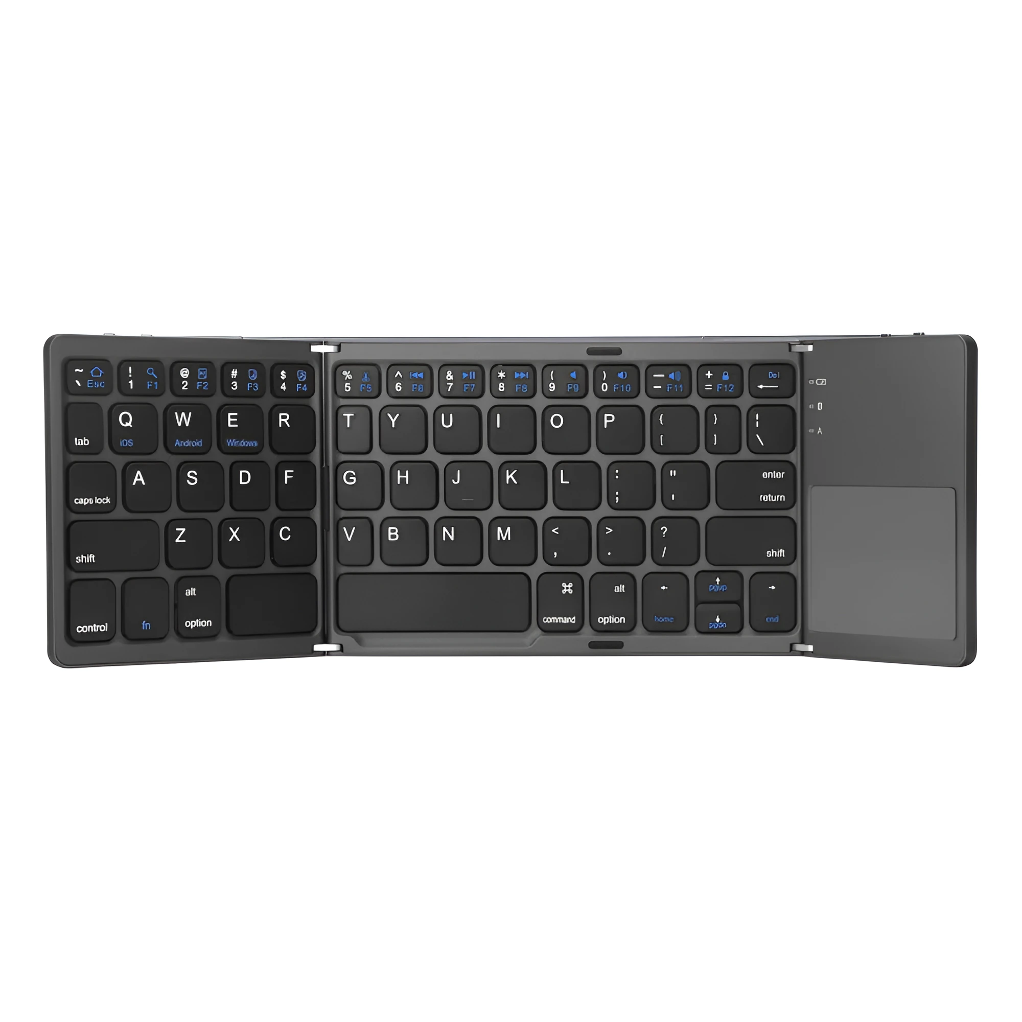 Ultra-thin tri-fold folding touch Bluetooth keyboard in black with touchpad, folded and spread views
