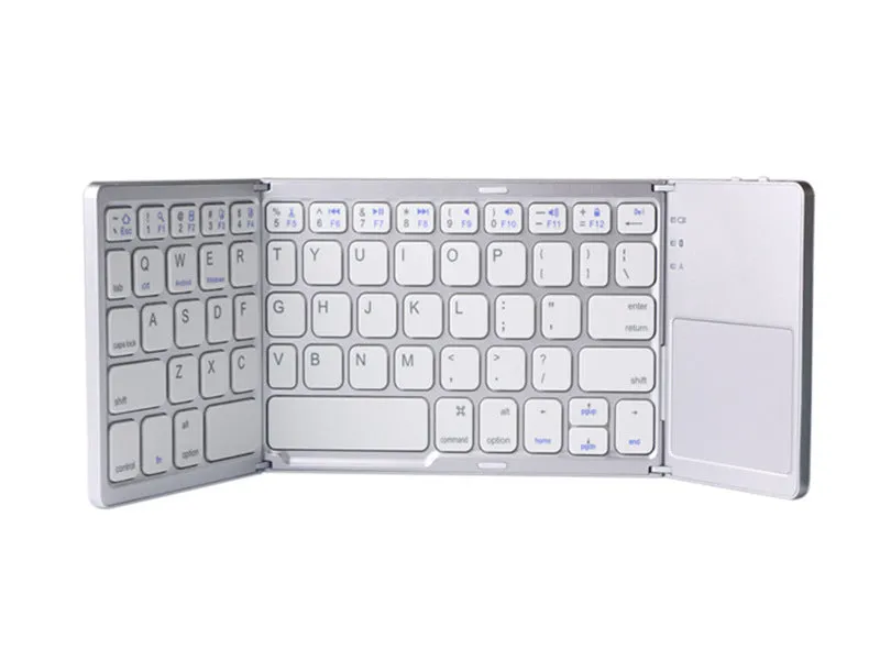 Ultra-thin tri-fold folding touch Bluetooth keyboard in black with touchpad, folded and spread views