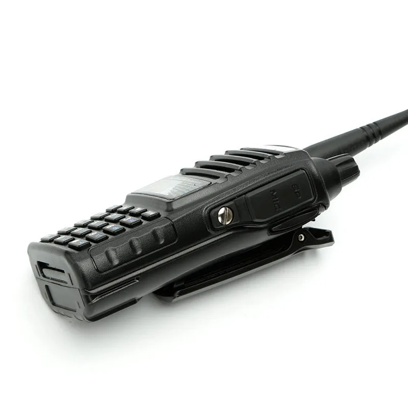 BF-UV82 8W walkie talkie in black with antenna and belt clip on a table