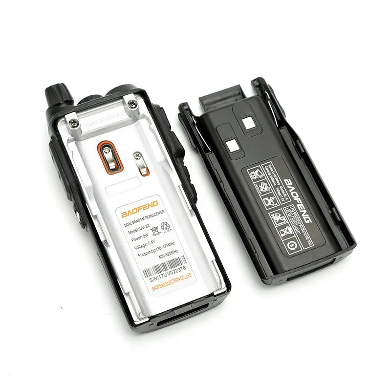 BF-UV82 8W walkie talkie in black with antenna and belt clip on a table