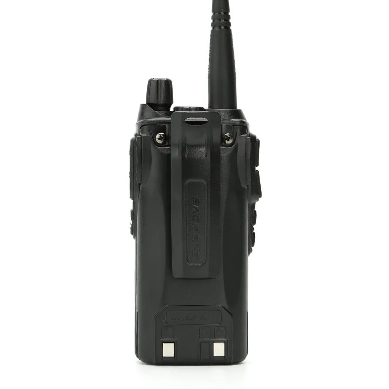 BF-UV82 8W walkie talkie in black with antenna and belt clip on a table