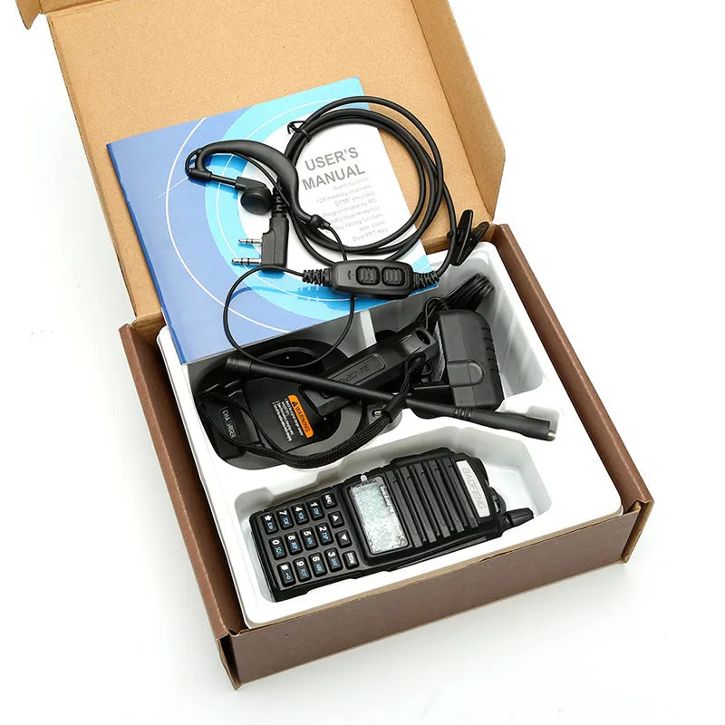 BF-UV82 8W walkie talkie in black with antenna and belt clip on a table