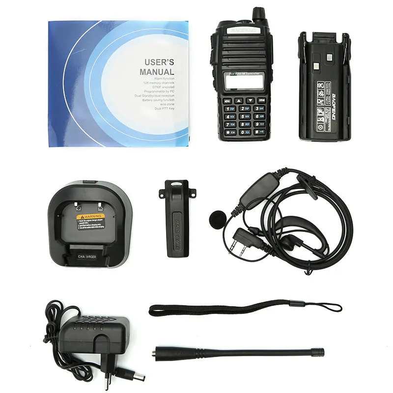 BF-UV82 8W walkie talkie in black with antenna and belt clip on a table