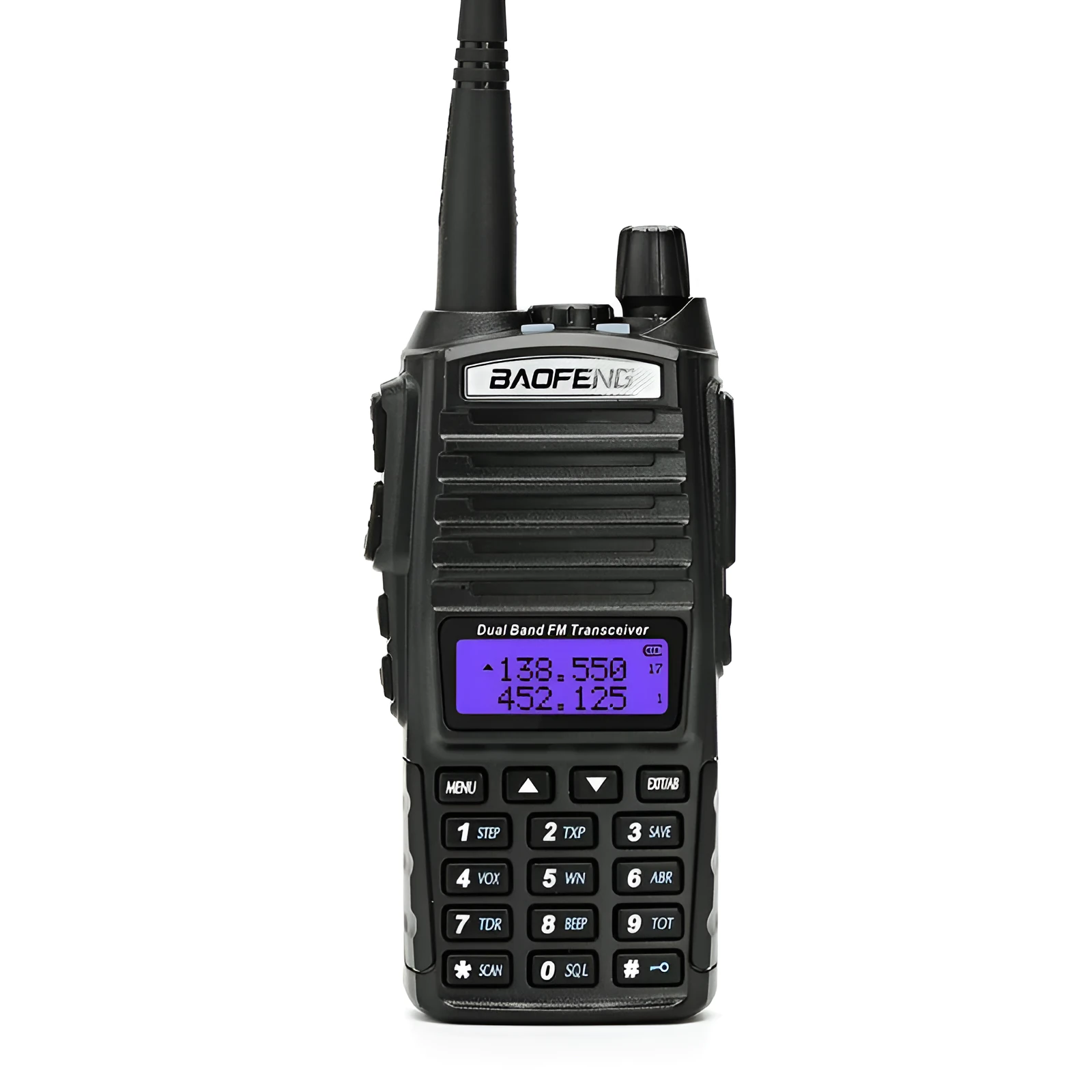 BF-UV82 8W walkie talkie in black with antenna and belt clip on a table