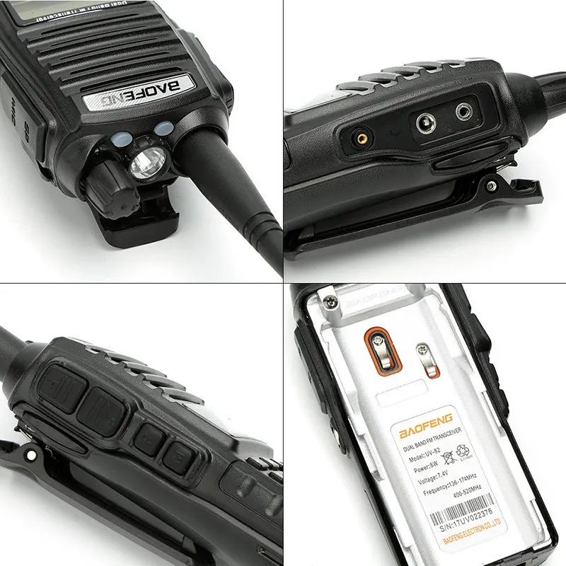 BF-UV82 8W walkie talkie in black with antenna and belt clip on a table