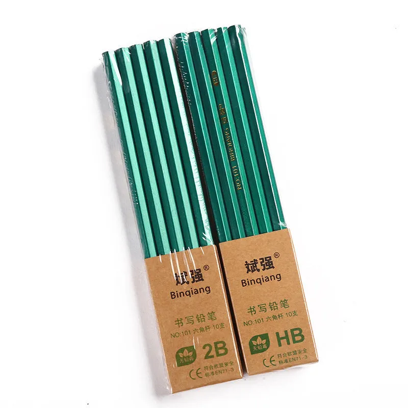 Box of ten green hexagonal wooden pencils with HB and 2B grades.