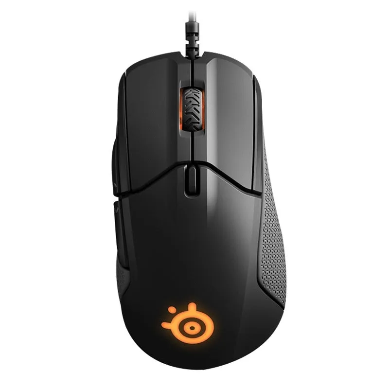 Wired mechanical gaming mouse in black with ergonomic design, 12000 DPI sensor, and USB cable
