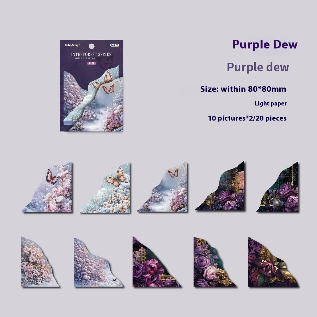 Set of printed paper bookmarks and notes in six different colours including blue, green, pink, purple, and red designs
