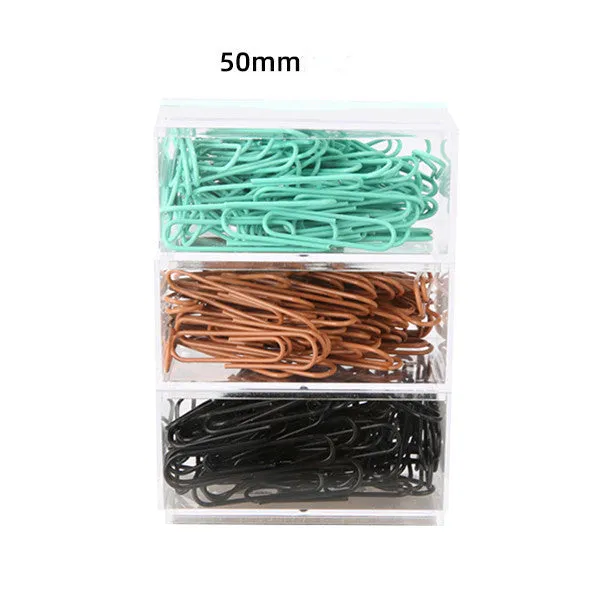 Mint green PVC coated metal paper clips in 28mm and 50mm sizes on white background
