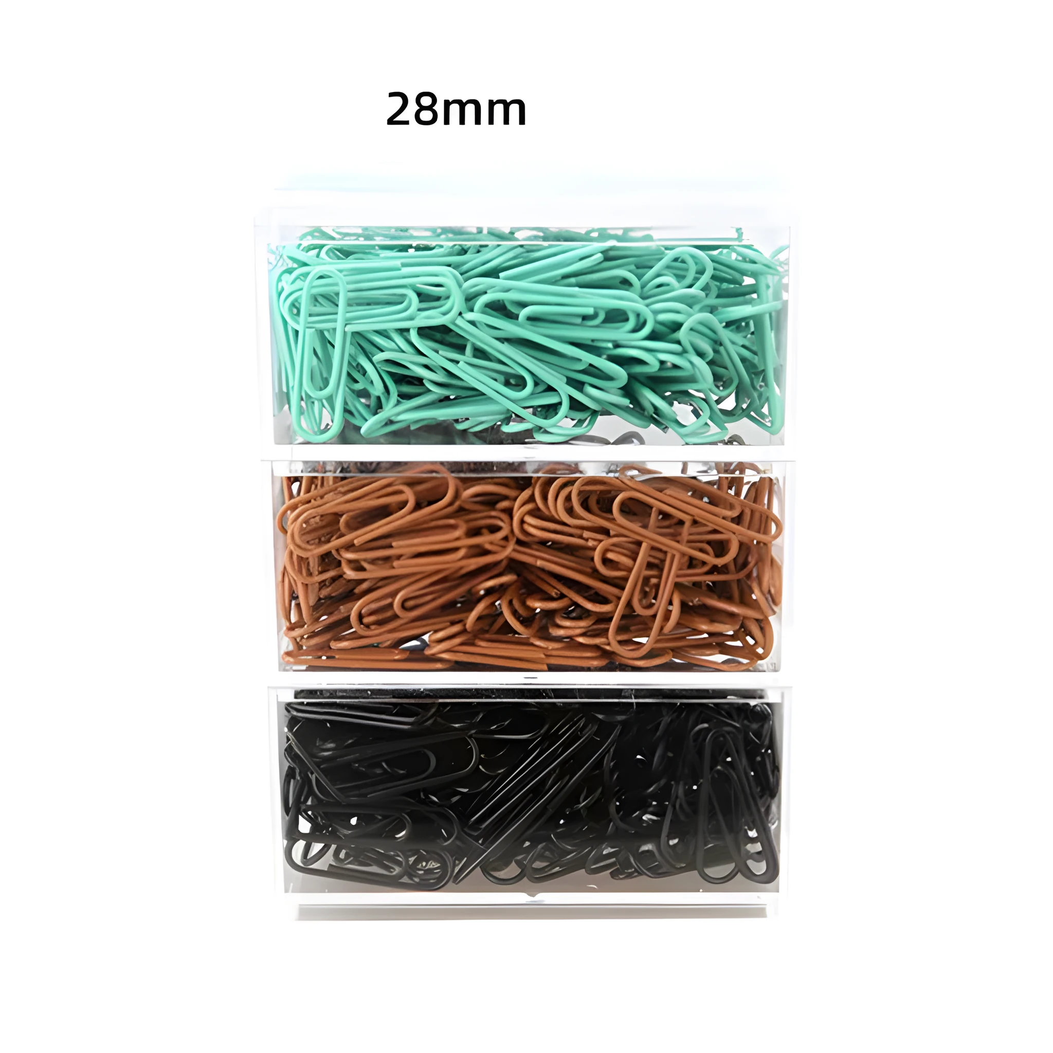 Mint green PVC coated metal paper clips in 28mm and 50mm sizes on white background