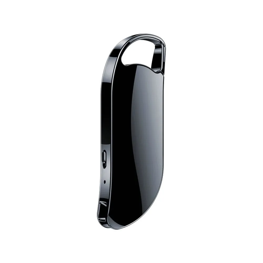 Black keychain digital voice recorder with metal shell and USB port