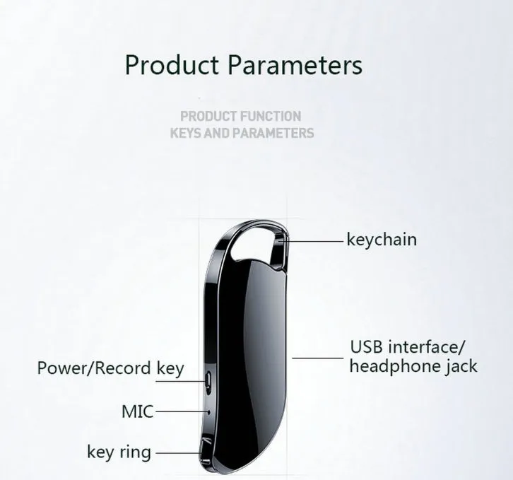 Black keychain digital voice recorder with metal shell and USB port