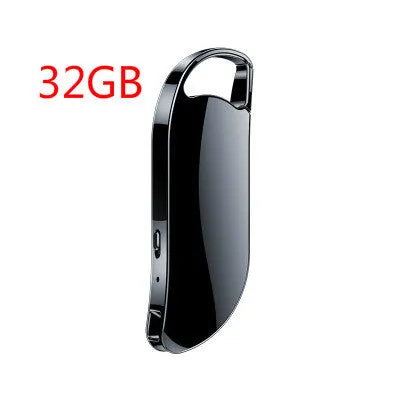 Black keychain digital voice recorder with metal shell and USB port